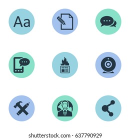 Vector Illustration Set Of Simple Blogging Icons. Elements Document, Repair, Broadcast And Other Synonyms Message, Hot And Relation.