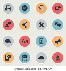 Vector Illustration Set Of Simple Blogging Icons. Elements Argument, Broadcast, Cedilla And Other Synonyms Profile, Hot And Cloud.
