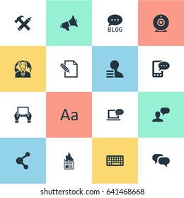 Vector Illustration Set Of Simple Blogging Icons. Elements E-Letter, Document, Man Considering And Other Synonyms Pencil, Repair And Writing.