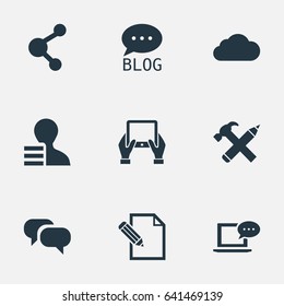 Vector Illustration Set Of Simple Blogging Icons. Elements Overcast, Notepad, Repair And Other Synonyms Laptop, Tablet And Hammer.