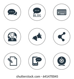 Vector Illustration Set Of Simple Blogging Icons. Elements Keypad, E-Letter, International Businessman And Other Synonyms Negotiation, International And Camera.