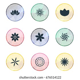 Vector Illustration Set Of Simple Blossom Icons. Elements Pattern, Helianthus, Camomile And Other Synonyms Daphne, Victoria And Delphinium.
