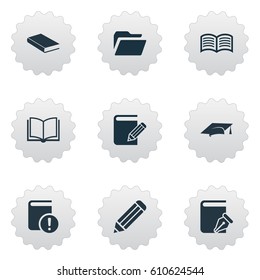 Vector Illustration Set Of Simple Books Icons. Elements Important Reading, Folder, Love Affair And Other Synonyms Sketchbook, Education And Blank.