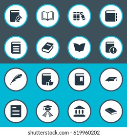 Vector Illustration Set Of Simple Books Icons. Elements Graduation Hat, Book Cover, Notebook And Other Synonyms Notepad, Plume And Book.