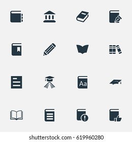 Vector Illustration Set Of Simple Books Icons. Elements Recommended Reading, Reading, Graduation Hat And Other Synonyms Important, Bookshelf And Notebook.