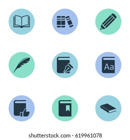 Vector Illustration Set Of Simple Books Icons. Elements Notebook, Blank Notebook, Alphabet And Other Synonyms Bookmark, Notebook And Dictionary.