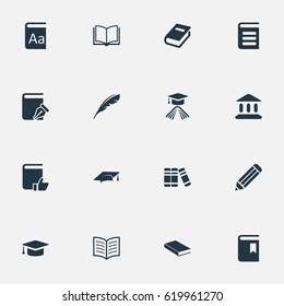 Vector Illustration Set Of Simple Books Icons. Elements Encyclopedia, Bookshelf, Plume And Other Synonyms Pencil, Plume And Quill.