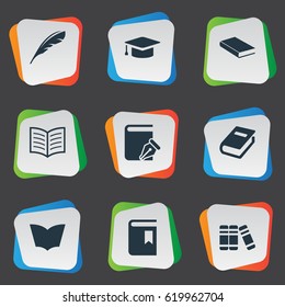 Vector Illustration Set Of Simple Books Icons. Elements Bookshelf, Notebook, Reading And Other Synonyms Write, Plume And Hat.