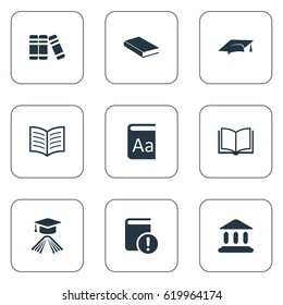 Vector Illustration Set Of Simple Books Icons. Elements Library, Alphabet, Graduation Hat And Other Synonyms Alphabet, Literature And Catalog.