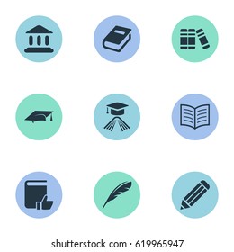 Vector Illustration Set Of Simple Books Icons. Elements Pen, Graduation Hat, Library And Other Synonyms School, Plume And Academy.