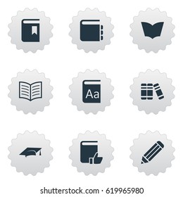 Vector Illustration Set Of Simple Books Icons. Elements Pen, Book Cover, Book Page And Other Synonyms Bookshelf, Hat And Notebook.