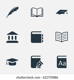 Vector Illustration Set Of Simple Books Icons. Elements Sketchbook, Academic Cap, Academic Cap And Other Synonyms Alphabet, Academy And School.