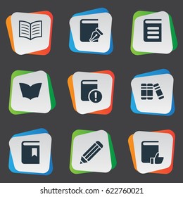 Vector Illustration Set Of Simple Books Icons. Elements Recommended Reading, Reading, Bookshelf And Other Synonyms Pencil, Notebook And Page.