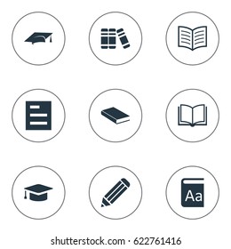 Vector Illustration Set Of Simple Books Icons. Elements Notebook, Alphabet, Pen And Other Synonyms List, Book And Hat.