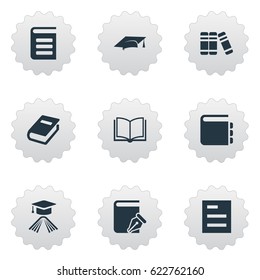 Vector Illustration Set Of Simple Books Icons. Elements Journal, Sketchbook, Graduation Hat And Other Synonyms Bookshelf, Sketchbook And Literature.