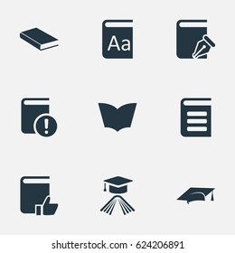 Vector Illustration Set Of Simple Books Icons. Elements Academic Cap, Sketchbook, Alphabet And Other Synonyms Cap, Recommended And Academic.