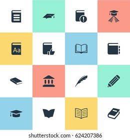 Vector Illustration Set Of Simple Books Icons. Elements Journal, Important Reading, Pen And Other Synonyms Hat, Quill And Writing.