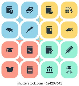 Vector Illustration Set Of Simple Books Icons. Elements Reading, Sketchbook, Bookshelf And Other Synonyms Pen, Catalog And Important.