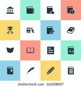 Vector Illustration Set Of Simple Books Icons. Elements Blank Notebook, Plume, Encyclopedia And Other Synonyms Sketchbook, Library And Quill.