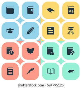 Vector Illustration Set Of Simple Books Icons. Elements Pen, Encyclopedia, Plume And Other Synonyms Textbook, Alphabet And Document.