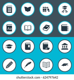 Vector Illustration Set Of Simple Books Icons. Elements Plume, Encyclopedia, Blank Notebook And Other Synonyms Academy, Notepad And Catalog.