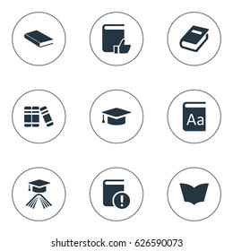 Vector Illustration Set Of Simple Books Icons. Elements Alphabet, Graduation Hat, Bookshelf And Other Synonyms Dictionary, Alphabet And Hat.