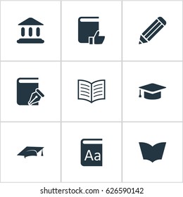 Vector Illustration Set Of Simple Books Icons. Elements Book Page, Recommended Reading, Alphabet And Other Synonyms Dictionary, Sketchbook And Building.
