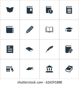 Vector Illustration Set Of Simple Books Icons. Elements Sketchbook, Book Cover, Important Reading And Other Synonyms Bookmark, Encyclopedia And Bookshelf.