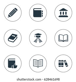 Vector Illustration Set Of Simple Books Icons. Elements Bookshelf, Book Page, Graduation Hat And Other Synonyms Building, Hat And Blank.
