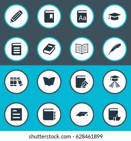 Vector Illustration Set Of Simple Books Icons. Elements Graduation Hat, Encyclopedia, Academic Cap And Other Synonyms Note, Favored And Sketchbook.