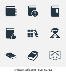 Vector Illustration Set Of Simple Books Icons. Elements Bookshelf, Book Page, Graduation Hat And Other Synonyms Hat, Notebook And Bookshelf.