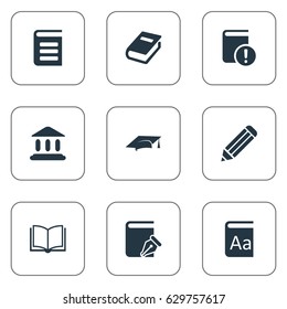 Vector Illustration Set Of Simple Books Icons. Elements Academic Cap, Pen, Notebook And Other Synonyms Reading, Dictionary And Catalog.