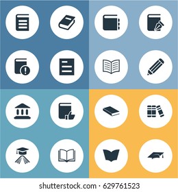 Vector Illustration Set Of Simple Books Icons. Elements Sketchbook, Graduation Hat, Library And Other Synonyms Notepad, Graduation And Hat.