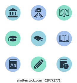 Vector Illustration Set Of Simple Books Icons. Elements Book Page, Academic Cap, Important Reading And Other Synonyms Academy, Academic And Writing.