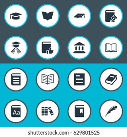 Vector Illustration Set Of Simple Books Icons. Elements Book Cover, Notebook, Encyclopedia And Other Synonyms Building, Bookshelf And Reading.
