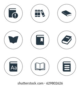 Vector Illustration Set Of Simple Books Icons. Elements Notebook, Blank Notebook, Notebook And Other Synonyms Page, Alphabet And Literature.