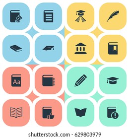 Vector Illustration Set Of Simple Books Icons. Elements Recommended Reading, Alphabet, Notebook And Other Synonyms Alphabet, Textbook And Encyclopedia.