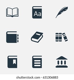 Vector Illustration Set Of Simple Books Icons. Elements Book Cover, Plume, Blank Notebook And Other Synonyms Journal, School And Bookmark.