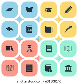 Vector Illustration Set Of Simple Books Icons. Elements Pen, Reading, Graduation Hat And Other Synonyms List, Journal And Writing.