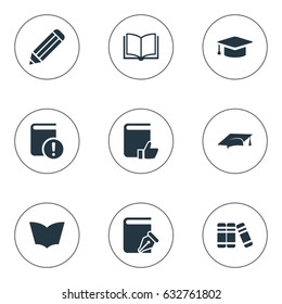 Vector Illustration Set Of Simple Books Icons. Elements Recommended Reading, Important Reading, Bookshelf And Other Synonyms Page, Pencil And Writing.