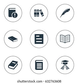 Vector Illustration Set Of Simple Books Icons. Elements Encyclopedia, Important Reading, Bookshelf And Other Synonyms Encyclopedia, Library And Academic.
