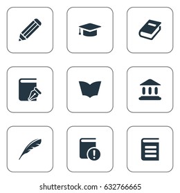 Vector Illustration Set Of Simple Books Icons. Elements Library, Important Reading, Sketchbook And Other Synonyms Plume, Book And Encyclopedia.