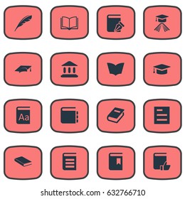 Vector Illustration Set Of Simple Books Icons. Elements Sketchbook, Notebook, Academic Cap And Other Synonyms Note, Graduation And Hat.