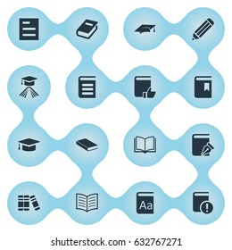 Vector Illustration Set Of Simple Books Icons. Elements Academic Cap, Bookshelf, Notebook And Other Synonyms Pen, Book And Reading.
