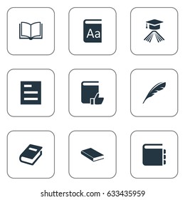 Vector Illustration Set Of Simple Books Icons. Elements Notebook, Notebook, Alphabet And Other Synonyms Document, Notepad And Academic.