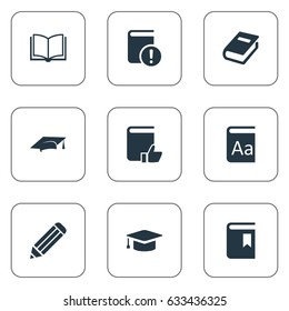 Vector Illustration Set Of Simple Books Icons. Elements Blank Notebook, Academic Cap, Recommended Reading And Other Synonyms Recommended, Notebook And Hat.