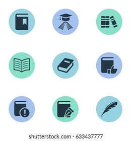 Vector Illustration Set Of Simple Books Icons. Elements Bookshelf, Notebook, Graduation Hat And Other Synonyms Hat, Bookshelf And Write.