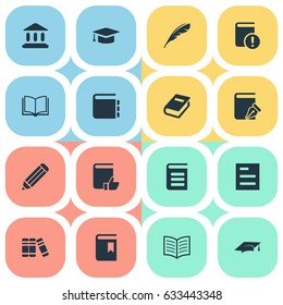 Vector Illustration Set Of Simple Books Icons. Elements Plume, Sketchbook, Academic Cap And Other Synonyms Library, School And Notepad.