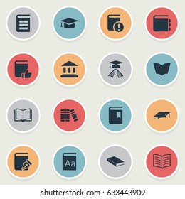 Vector Illustration Set Of Simple Books Icons. Elements Academic Cap, Bookshelf, Book Cover And Other Synonyms Academy, Dictionary And Bookmark.