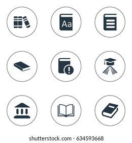 Vector Illustration Set Of Simple Books Icons. Elements Notebook, Alphabet, Graduation Hat And Other Synonyms Reading, Blank And Important.